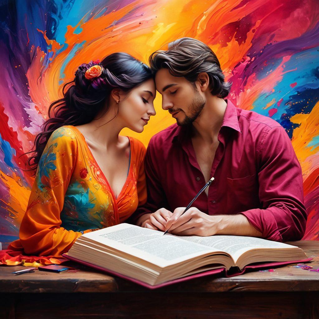 A romantic scene depicting a couple intertwined with vibrant colors and flowing artistic designs that symbolize passion. The background should include abstract brush strokes and art tools like paintbrushes and palettes, blending seamlessly into the setting. Include elements of storytelling like open books and ink pens, creating a dreamy atmosphere. The overall tone should be warm and inviting, conveying love and creativity. super-realistic. vibrant colors. soft focus.