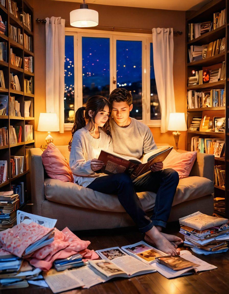 A captivating scene depicting two adults reading romantic manga together, surrounded by colorful manga pages floating around them. The atmosphere is cozy, with warm lighting that conveys intimacy and passion. Include elements like hearts and art supplies, symbolizing creativity and love, in a stylish, inviting room. The characters should express joy and fascination to highlight the allure of romantic manga. super-realistic. warm colors. cozy ambiance.