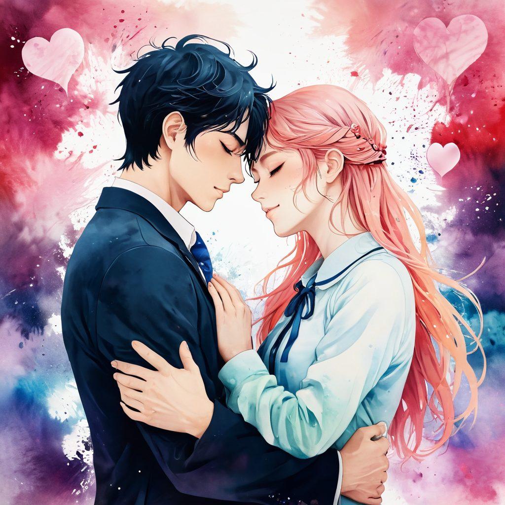 A whimsical illustration showcasing a romantic manga couple, intertwined in a passionate embrace, with ink splashes transforming into vibrant heart shapes in the background. The scene radiates warmth, with soft pastel colors and delicate details highlighting the characters' emotions and expressions. The manga art style should be fluid, emphasizing the dreamy, steamy nature of their connection. super-realistic. vibrant colors. soft-focus.